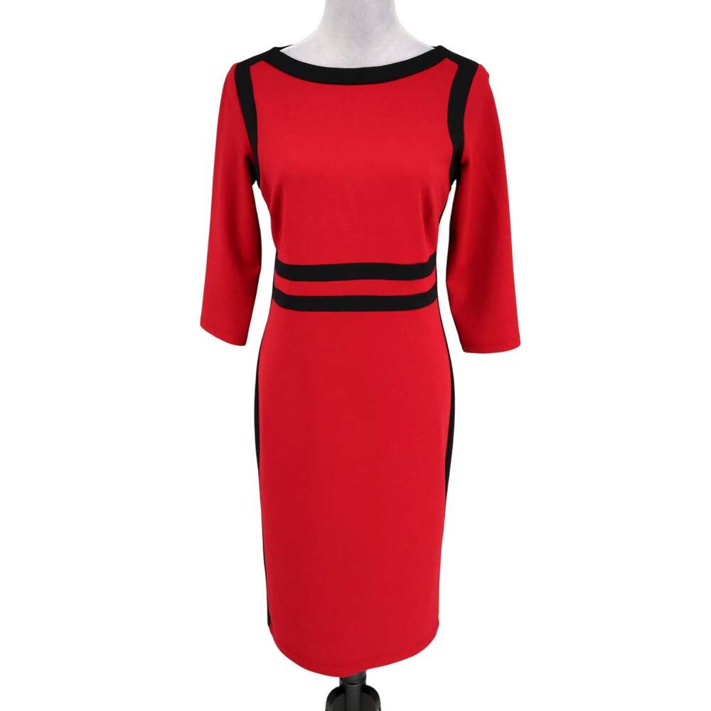 Shelby & Palmer Dress Womens 6 Red Black Trim Zip Sheath Stretch Knit Career